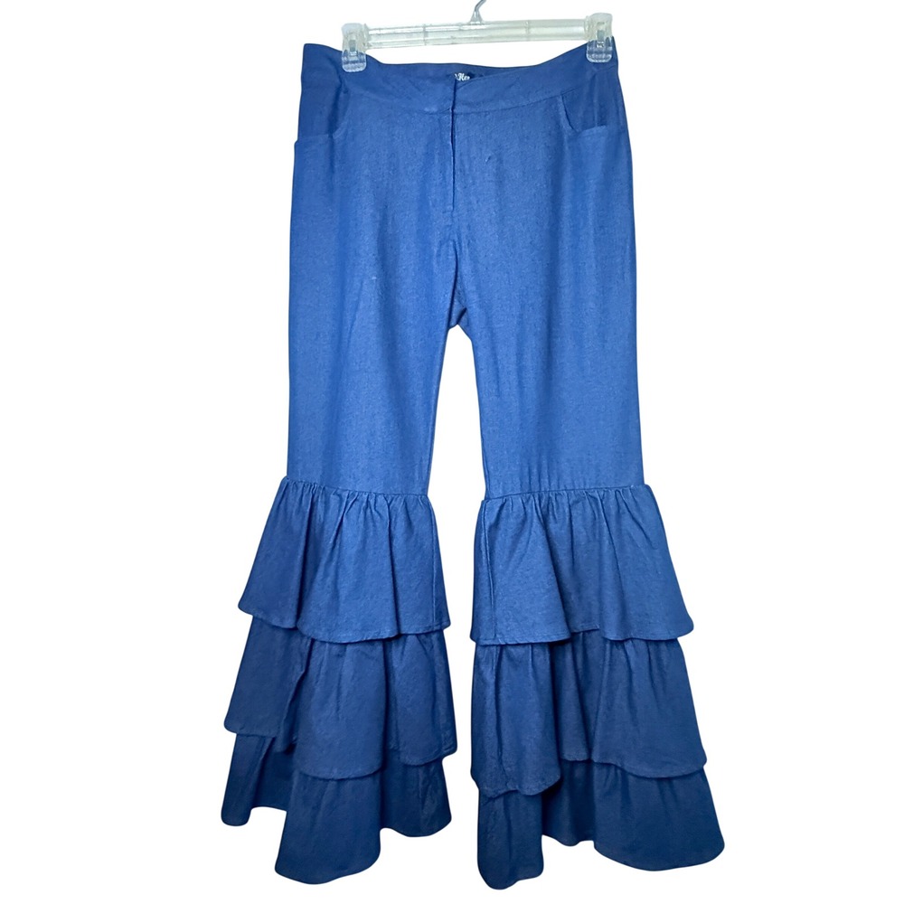 For Her NYC Pants Womens L Blue Tiered Ruffle Bell Bottom Flare Boho Festival